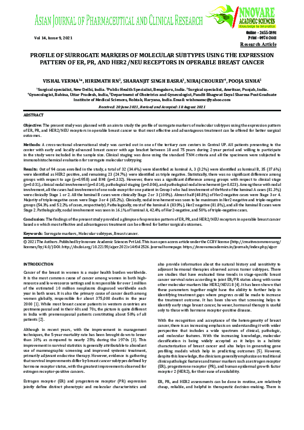 (PDF) PROFILE OF SURROGATE MARKERS OF MOLECULAR SUBTYPES USING THE ...