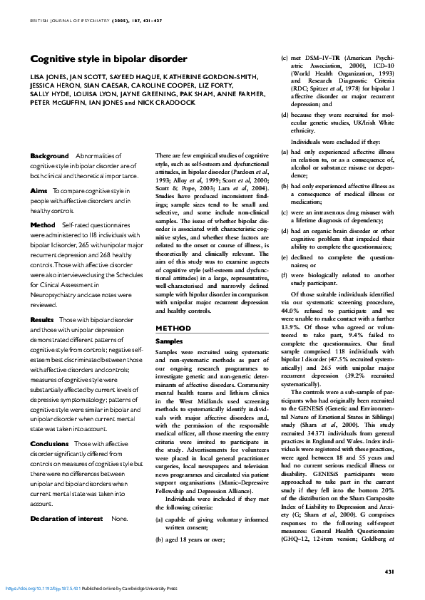 (PDF) Cognitive style in bipolar disorder | Sayeed Haque - Academia.edu