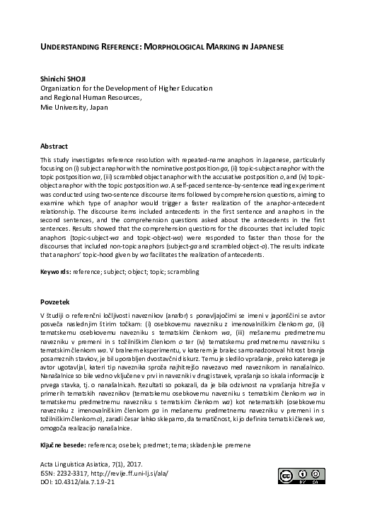 (PDF) Understanding Reference: Morphological Marking in Japanese
