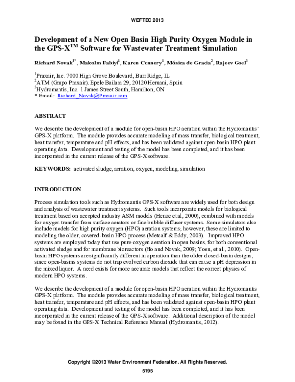 (PDF) Development of a New Open Basin High Purity Oxygen Module in the GPSX™ Software for
