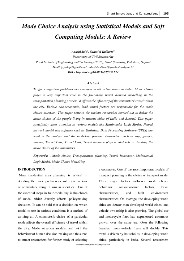 Pdf Mode Choice Analysis Using Statistical Models And Soft Computing Pdf Mode Choice Analysis Using Statistical Models And Soft Computing