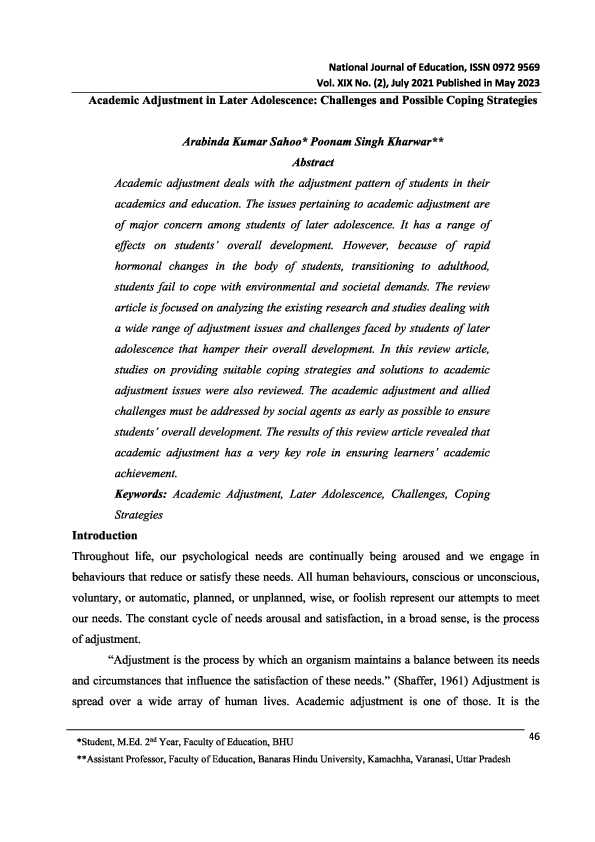 (PDF) Academic Adjustment in Later Adolescence- Challenges and Possible ...