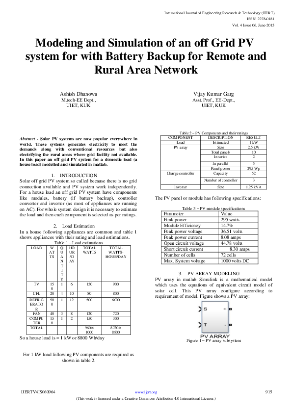 (PDF) Modeling and Simulation of an off Grid PV system for with Battery ...