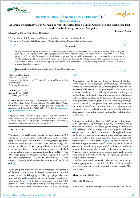 (PDF) Antigens Unmasking Using Organic Solvents for ABO Blood Typing Of putrefied and Adipocere
