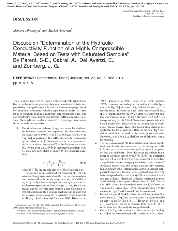 (PDF) Discussion: Determination of the hydraulic conductivity function ...