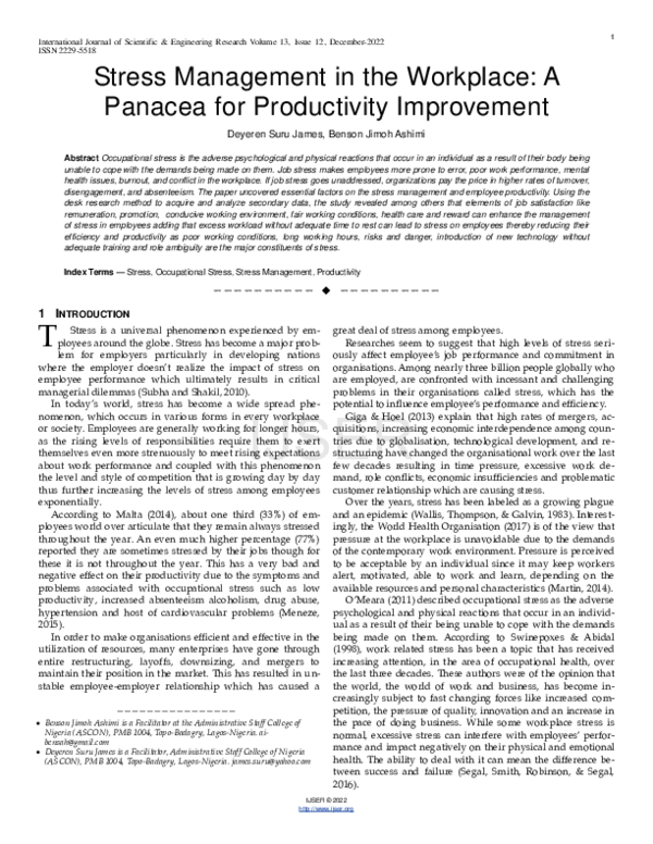 (PDF) Stress Management in the Workplace: A Panacea for Productivity ...