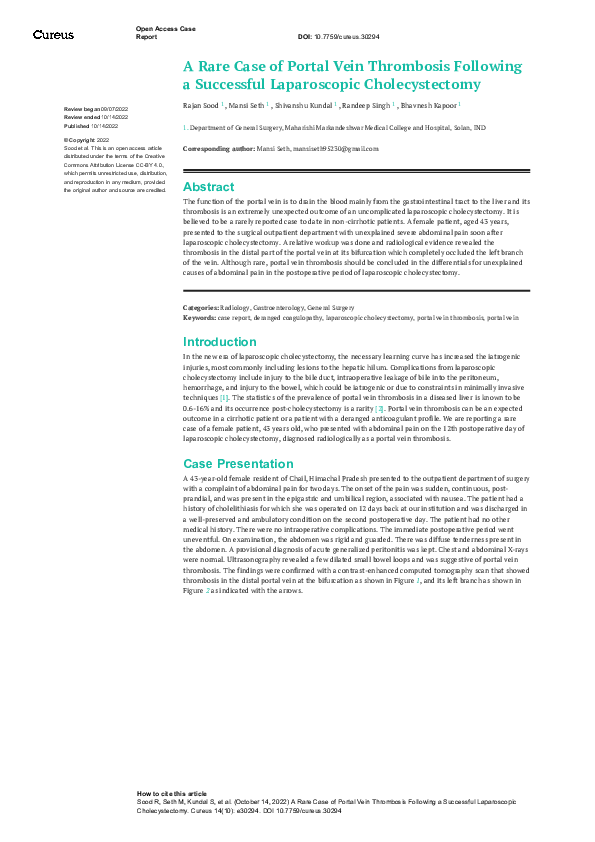 (PDF) A Rare Case of Portal Vein Thrombosis Following a Successful ...