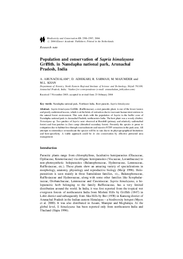 (PDF) Population and conservation of Sapria himalayana Griffith. in ...