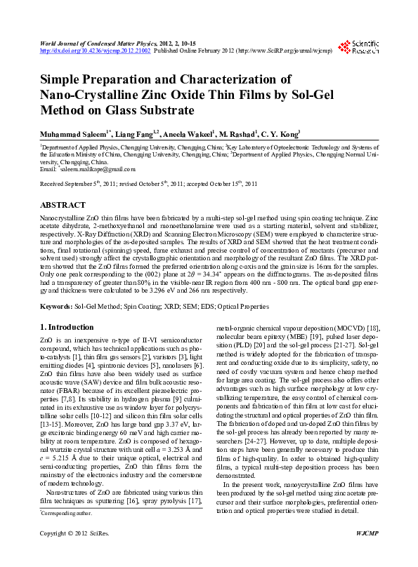 (PDF) Simple Preparation and Characterization of Nano-Crystalline Zinc ...