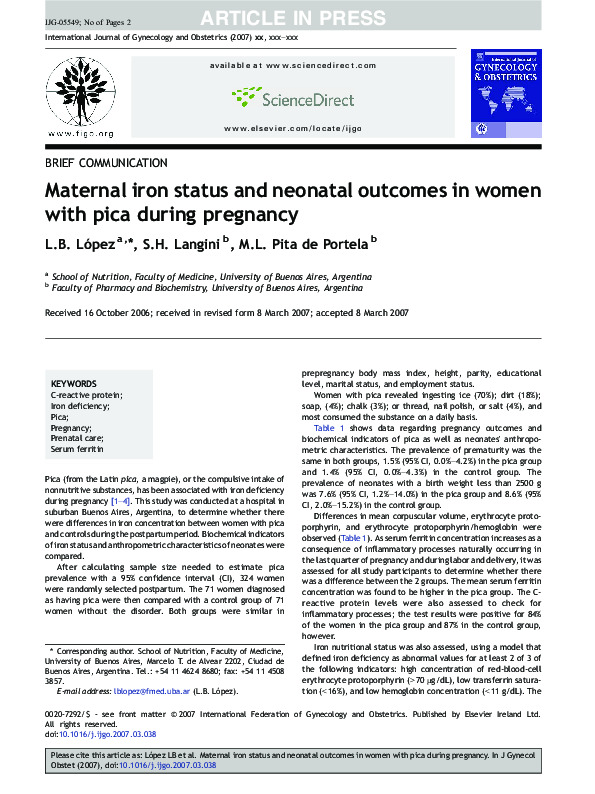 (PDF) Maternal iron status and neonatal outcomes in women with pica ...