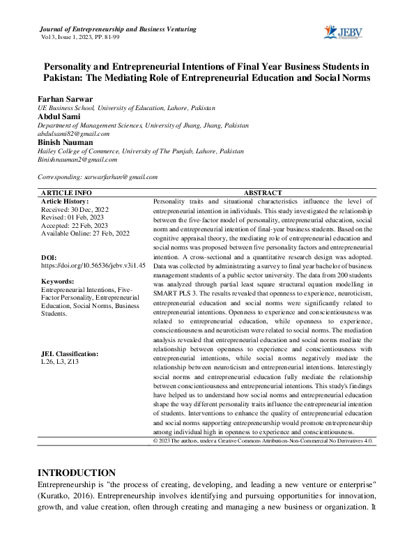 (PDF) Personality and Entrepreneurial Intentions of Final Year Business ...