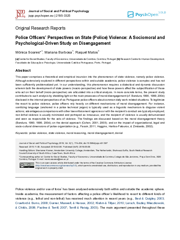 (PDF) Police officers’ perspectives on state (police) violence: A ...