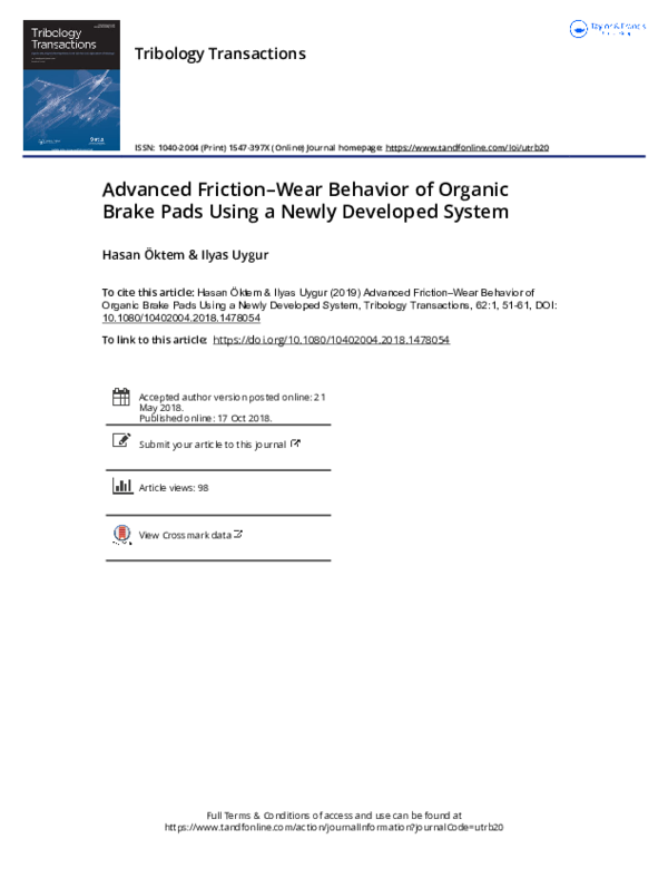(PDF) Advanced Friction-Wear Behavior of Organic Brake Pads Using a ...
