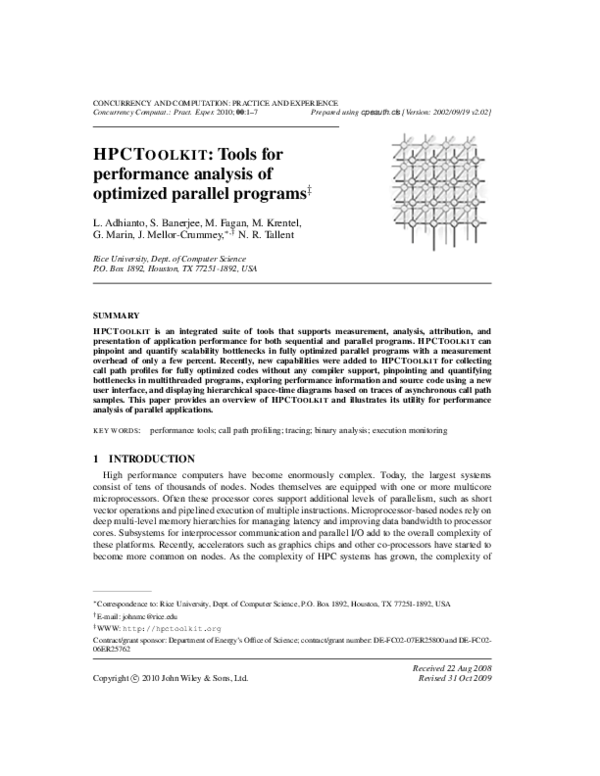 (PDF) HPCTOOLKIT: tools for performance analysis of optimized parallel ...