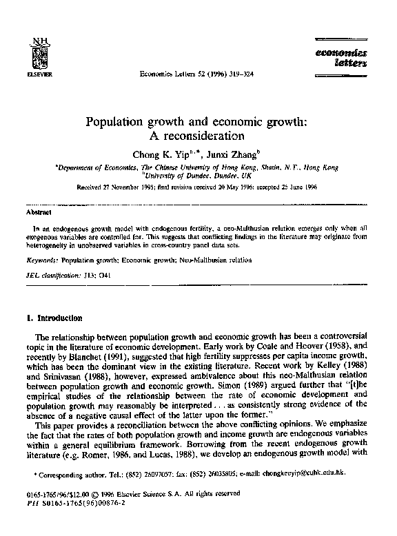 (PDF) Population growth and economic growth: A reconsideration