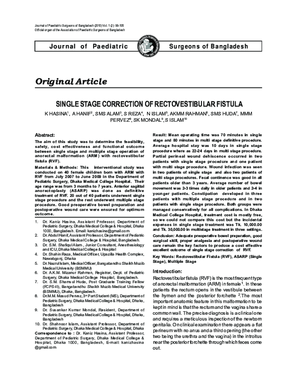 (PDF) Single Stage Correction of Rectovestibular Fistula