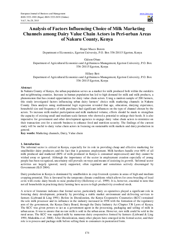 (PDF) Analysis of Factors Influencing Choice of Milk Marketing Channels ...