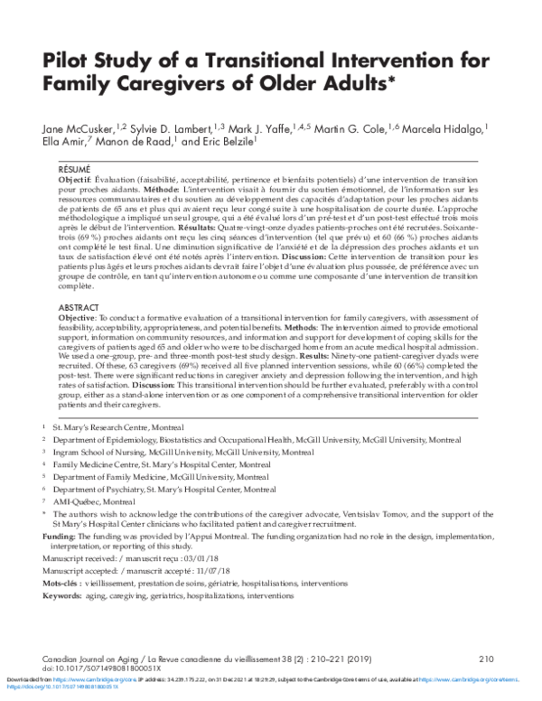 (PDF) Pilot Study of a Transitional Intervention for Family Caregivers ...