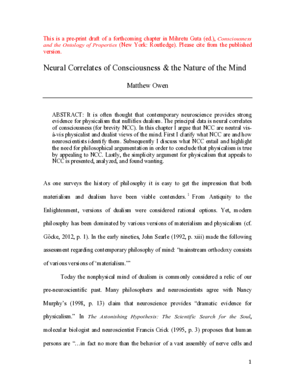 (PDF) Neural Correlates of Consciousness & the Nature of the Mind