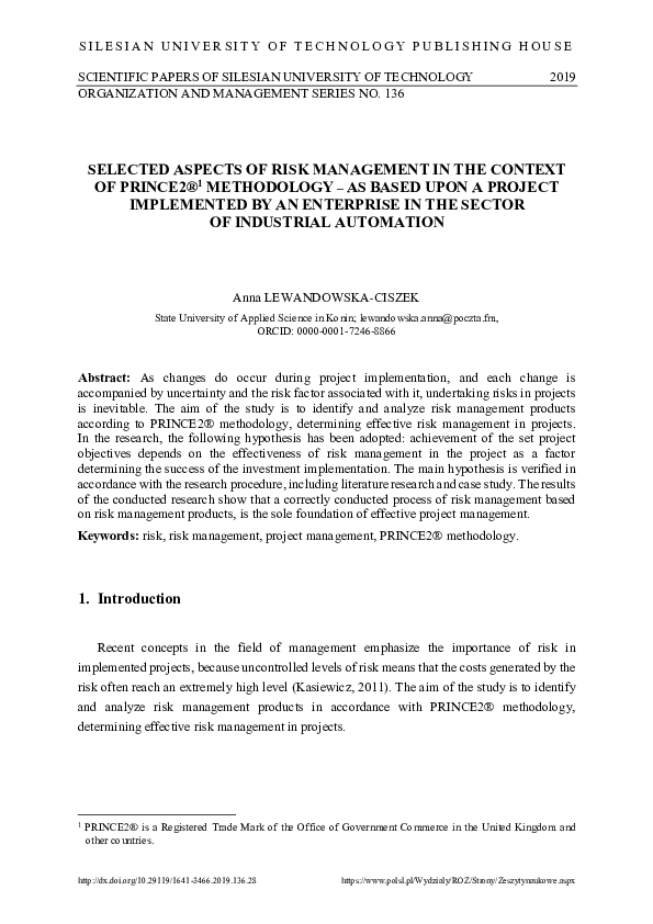 (PDF) Selected Aspects of Risk Management in the Context of PRINCE2 ...