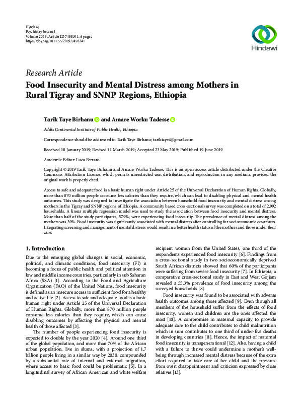 (PDF) Food Insecurity and Mental Distress among Mothers in Rural Tigray ...