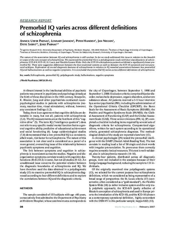 (PDF) Premorbid IQ varies across different definitions of schizophrenia