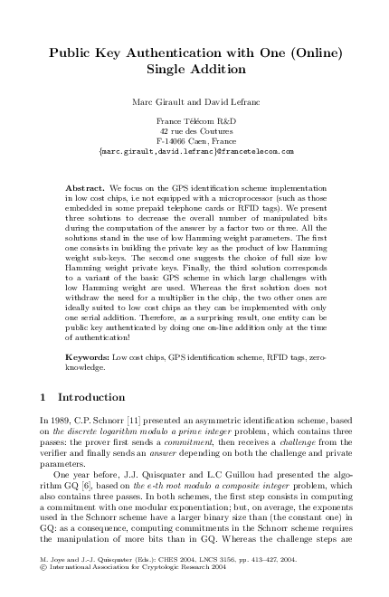 (PDF) Public Key Authentication with One (Online) Single Addition
