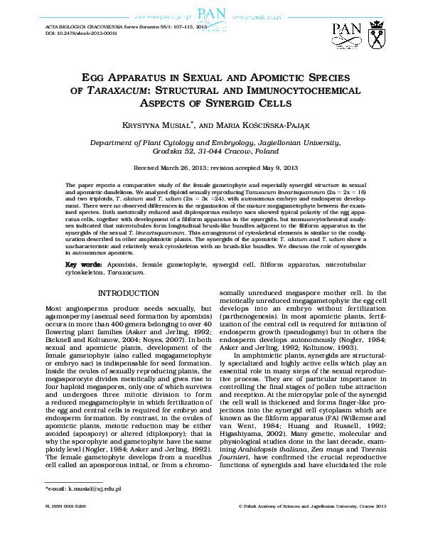 (PDF) Egg Apparatus in Sexual and Apomictic Species of Taraxacum ...