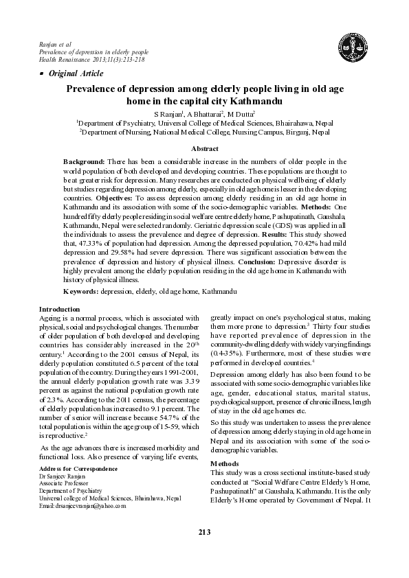 (PDF) Prevalence of depression among elderly people living in old age ...