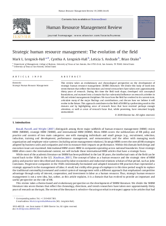 (PDF) Strategic human resource management: The evolution of the field