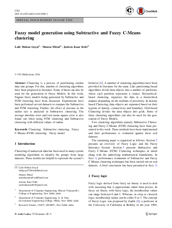 (PDF) Fuzzy model generation using Subtractive and Fuzzy C-Means clustering