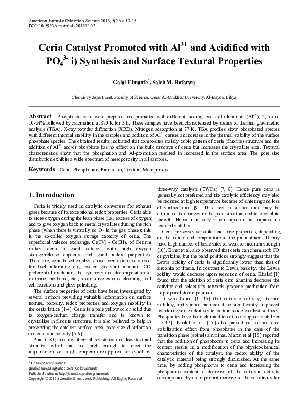 (PDF) Ceria Catalyst Promoted with Al 3+ and Acidified with PO 4 3i ...