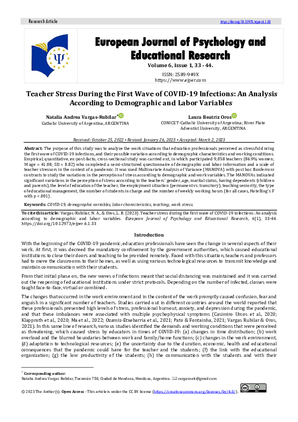(PDF) Teacher Stress During the First Wave of COVID-19 Infections: An ...