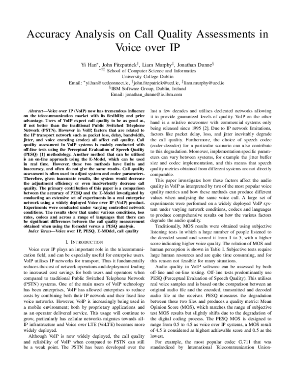 (PDF) Accuracy analysis on call quality assessments in voice over IP