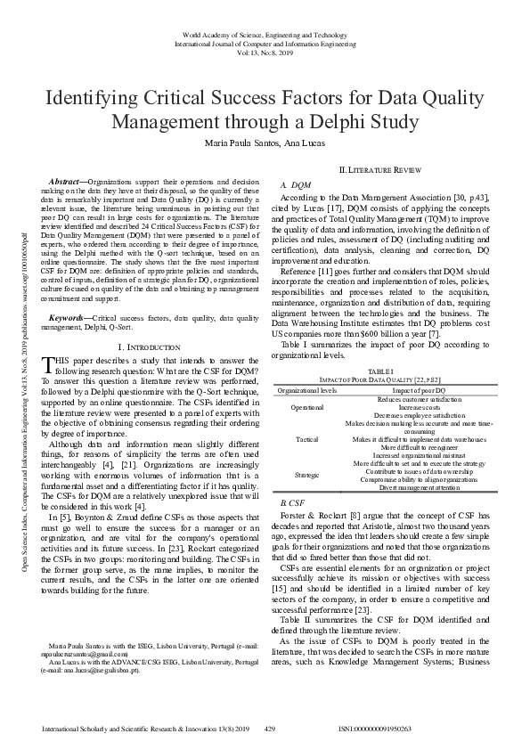 (PDF) Identifying Critical Success Factors for Data Quality Management ...