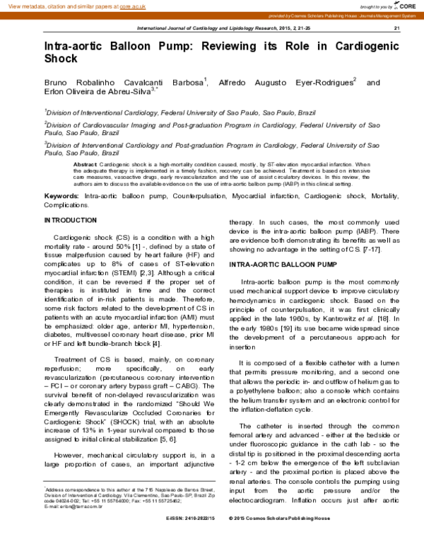 (PDF) Intra-aortic Balloon Pump: Reviewing its Role in Cardiogenic Shock
