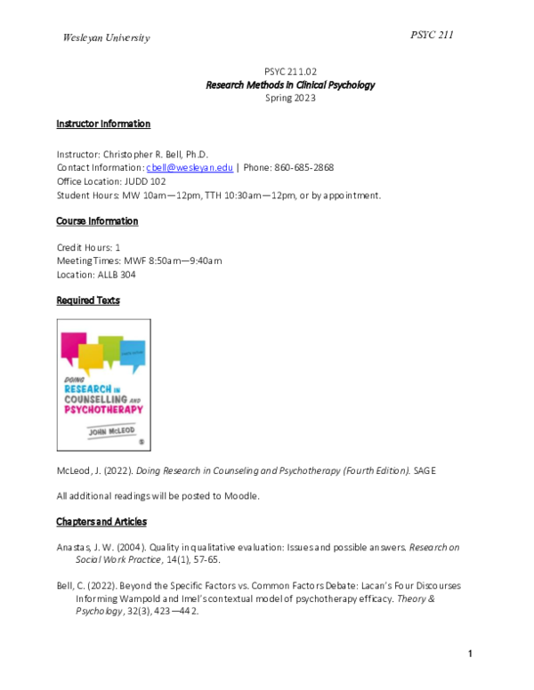 (PDF) Research Methods in Clinical Psychology - Spring 2023