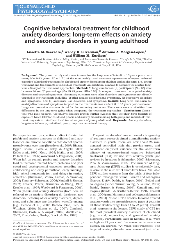 (PDF) Cognitive behavioral treatment for childhood anxiety disorders ...