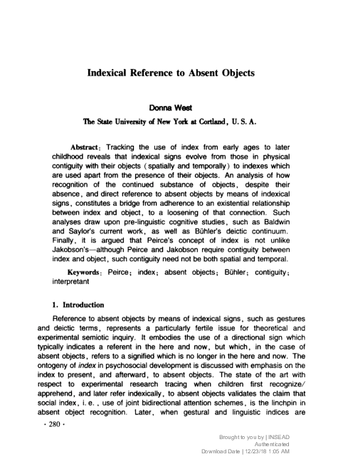 (PDF) Indexical Reference to Absent Objects | Donna West - Academia.edu