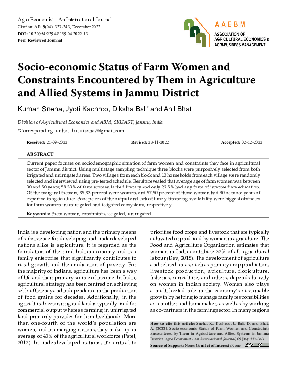 (PDF) socio-economic status of Farm Women and constraints Encountered ...
