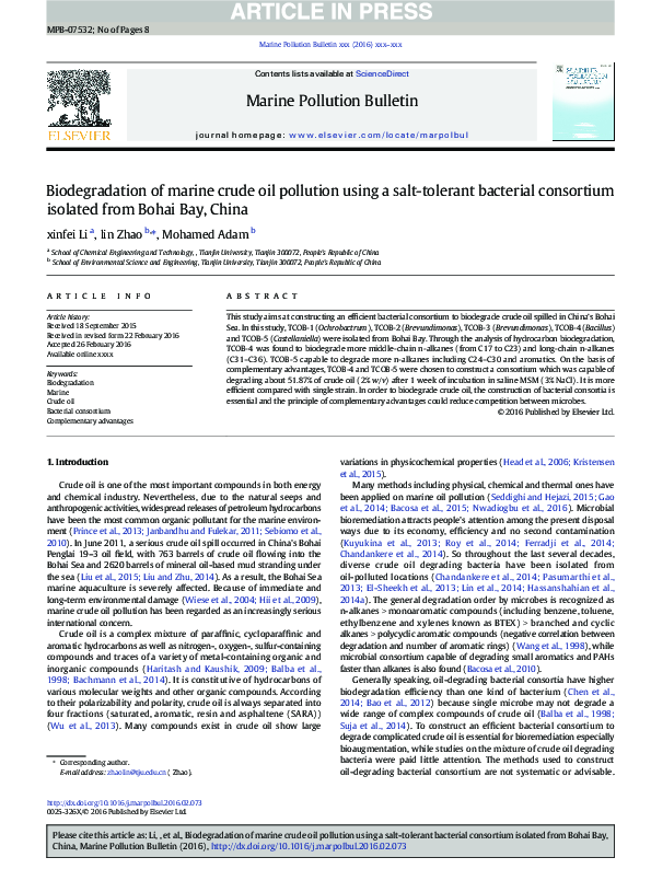 (PDF) Biodegradation of marine crude oil pollution using a salt ...