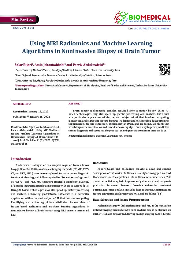 (PDF) Using MRI Radiomics and Machine Learning Algorithms in ...