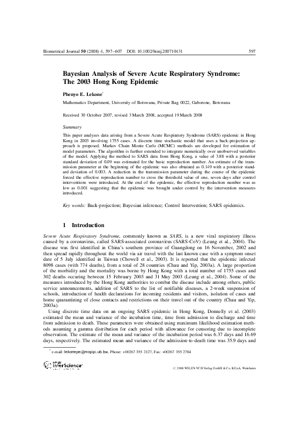 (PDF) Bayesian Analysis of Severe Acute Respiratory Syndrome: The 2003 ...