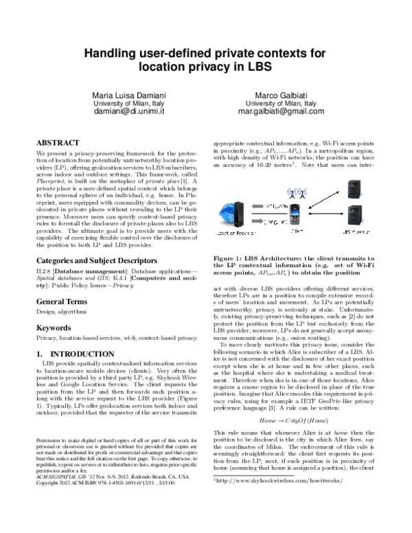 (PDF) Handling user-defined private contexts for location privacy in LBS