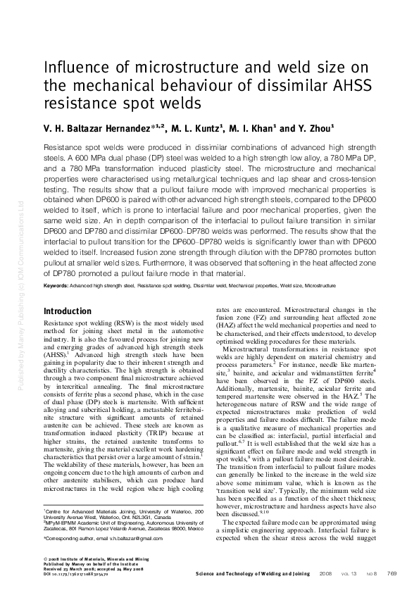 (PDF) Influence of microstructure and weld size on the mechanical ...