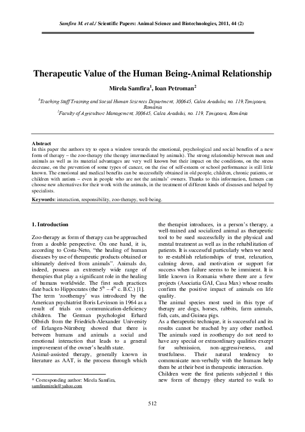 (PDF) Therapeutic Value of the Human Being-Animal Relationship