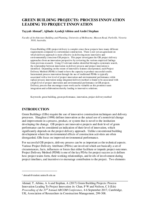 (PDF) Green Building Projects: Process Innovation Leading to Project ...