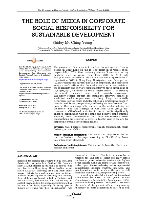 (PDF) THE ROLE OF MEDIA IN CORPORATE SOCIAL RESPONSIBILITY FOR ...