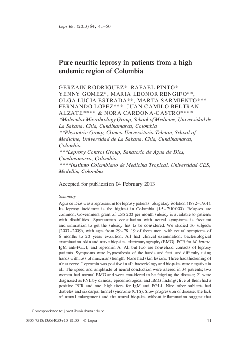 Pure neuritic leprosy in patients from a high endemic region of Colombia