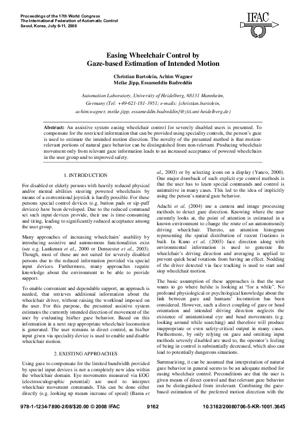 (PDF) Easing Wheelchair Control by Gazebased Estimation of Intended